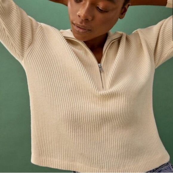 REFORMATION Yale Waffle Half Zip Neutral Pullover Top Size XL - Picture 1 of 10